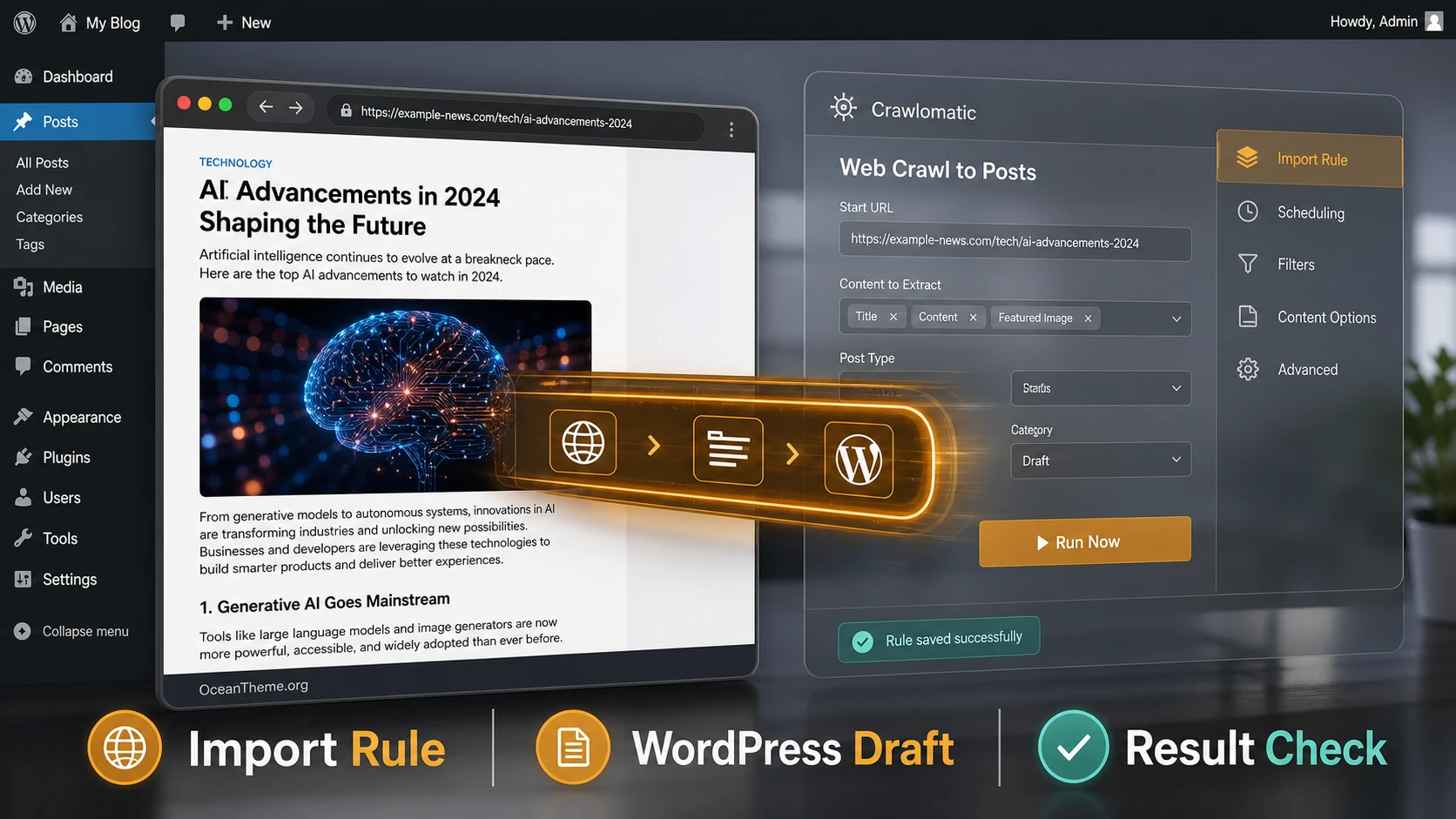 CodeCanyon Crawlomatic in a practical WordPress workflow: rule setup and the result on the site