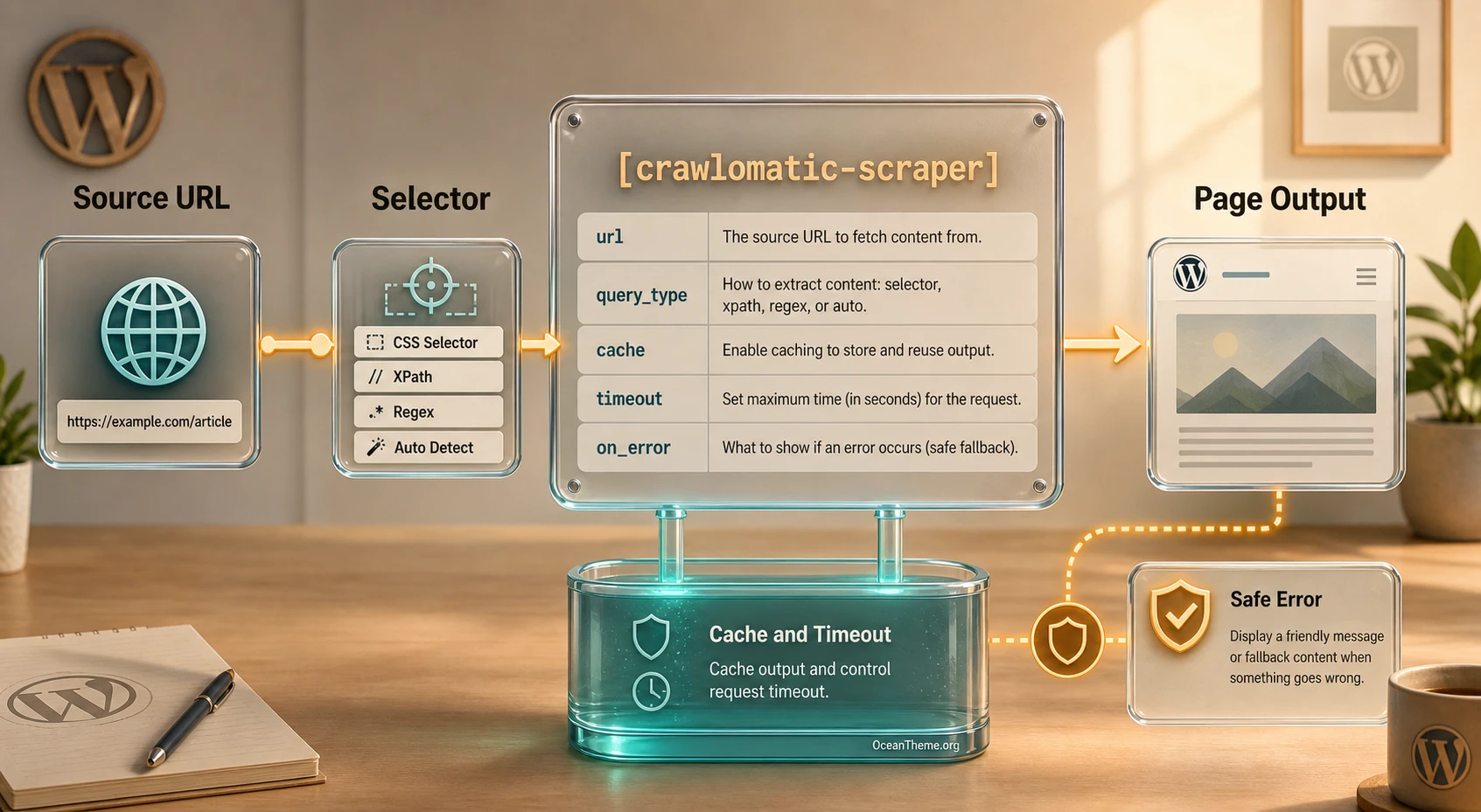 How the Crawlomatic live scraper shortcode works: URL, selector, cache, and output in WordPress