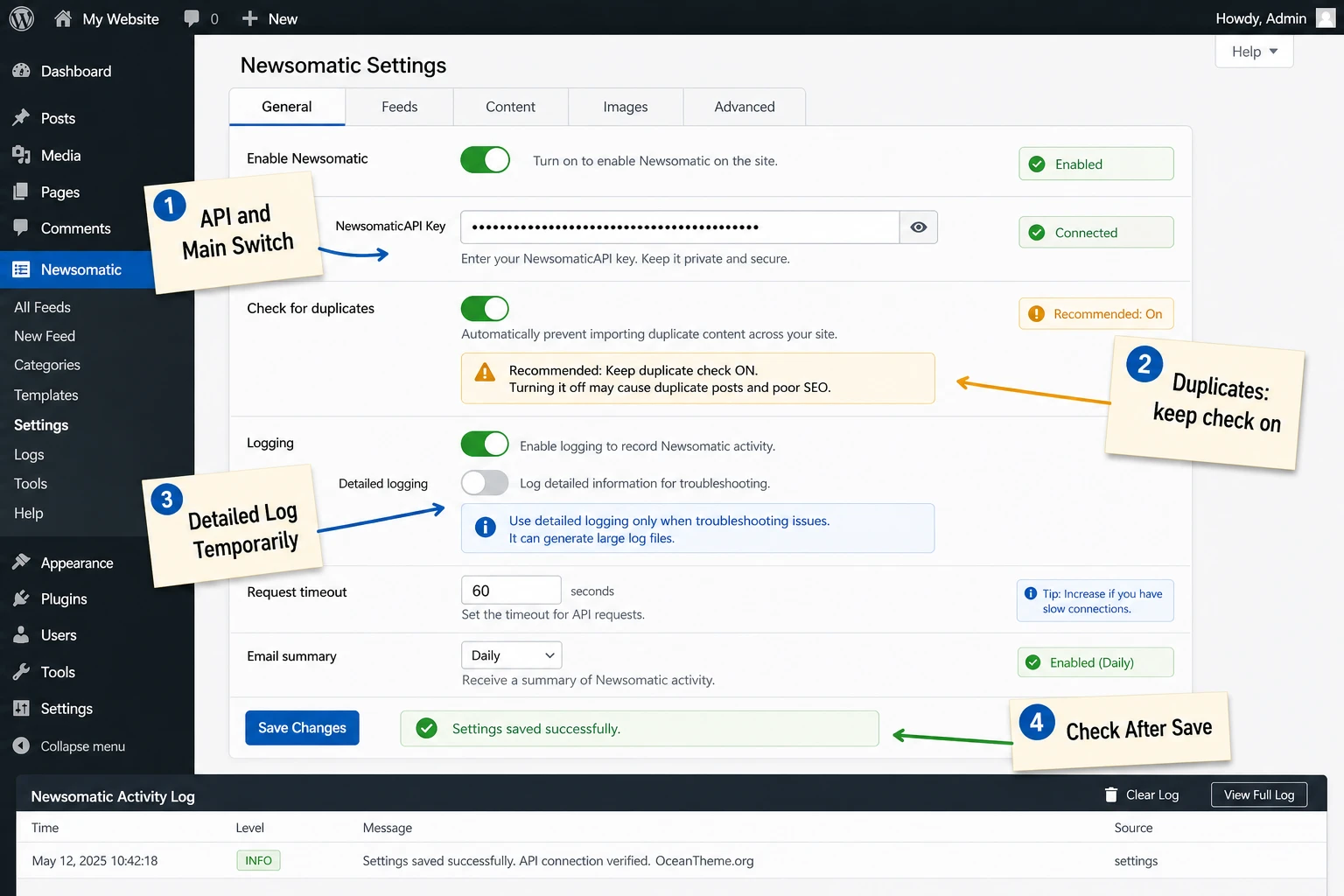 Map of the main Newsomatic settings with API, duplicates, and logs
