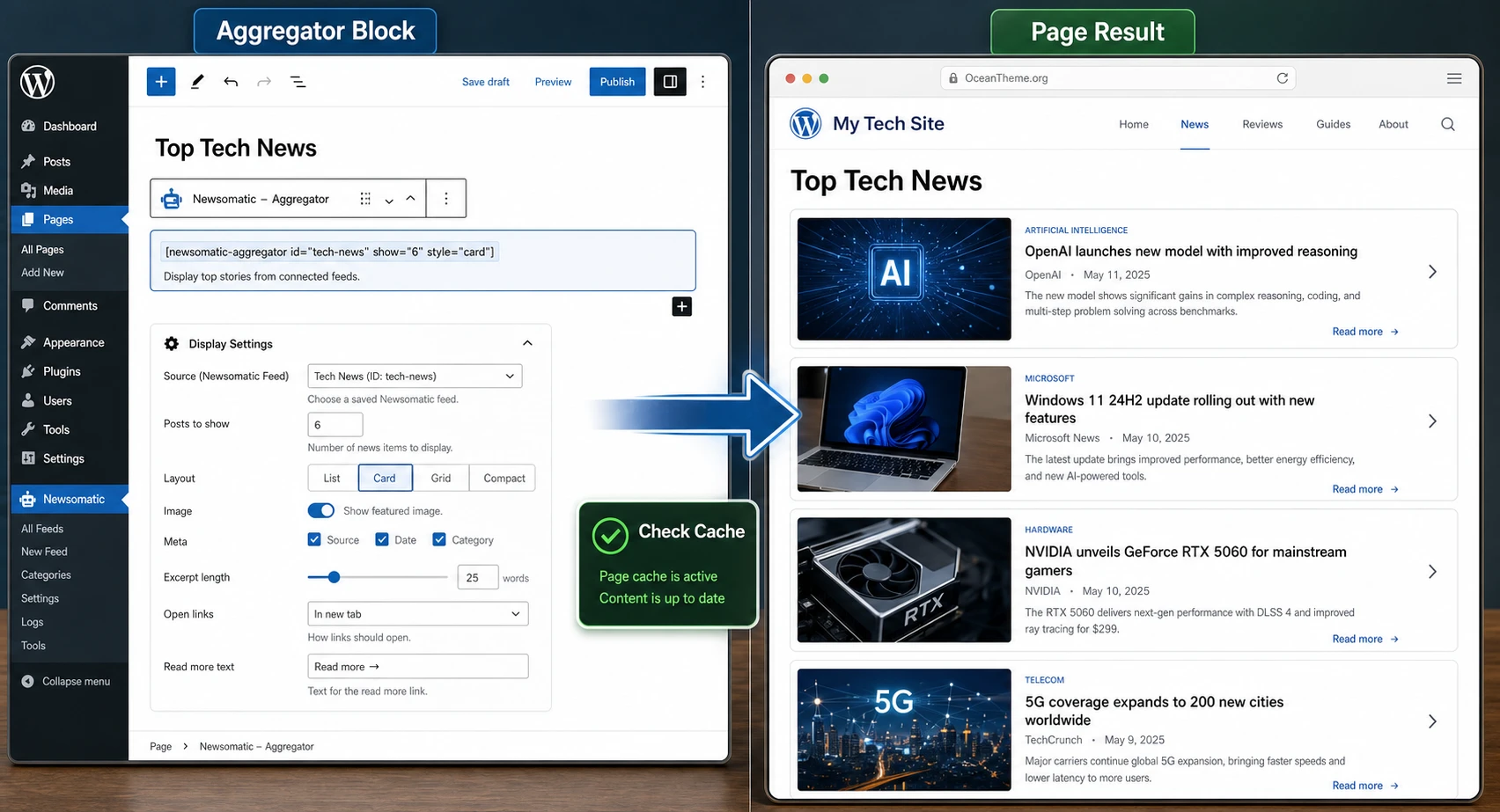 Example of how Newsomatic settings connect to the result in Gutenberg and on the site page