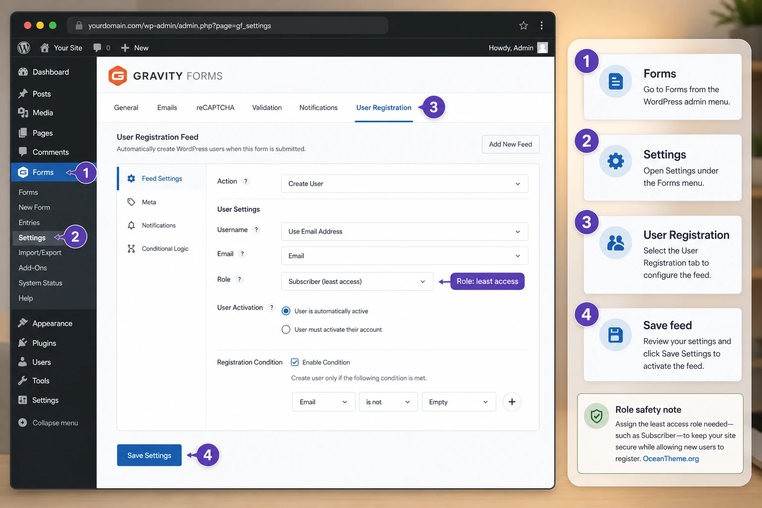 Map of Gravity Forms User Registration feed settings in the WordPress admin panel
