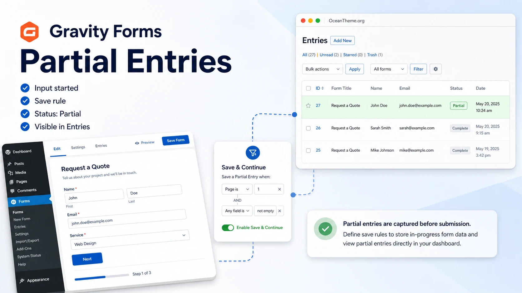 Gravity Forms Partial Entries shows the path from a started form to a saved partial entry