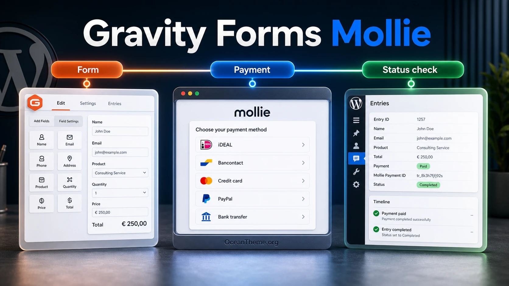 Cover image for the Gravity Forms Mollie guide with the payment form flow