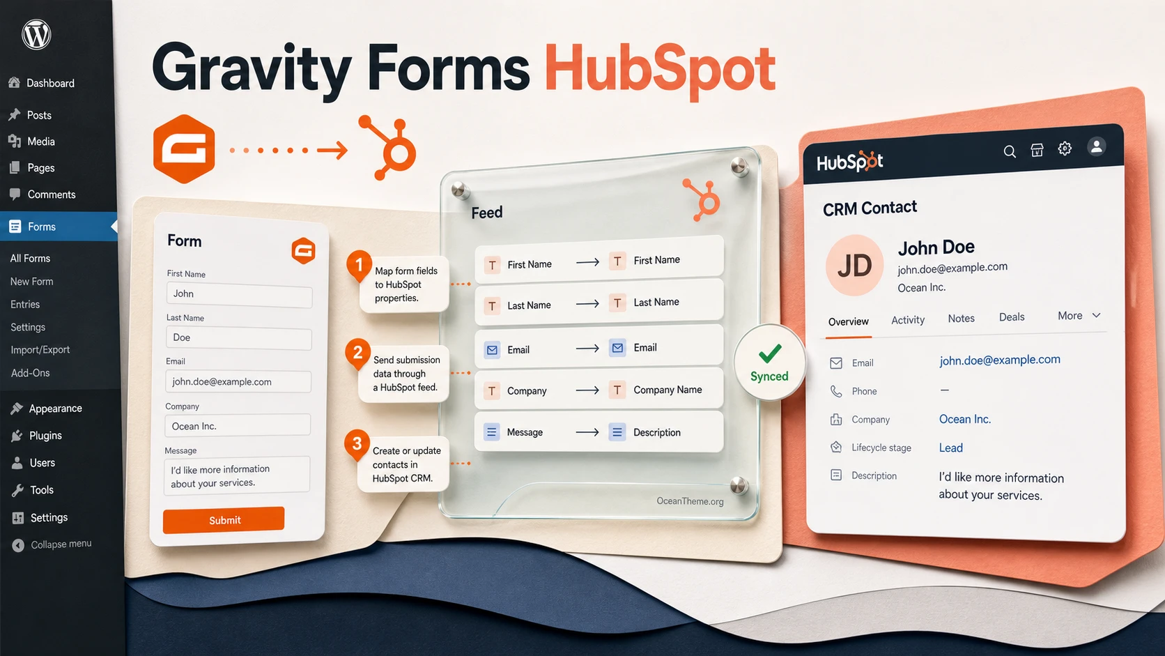 Cover image for the Gravity Forms HubSpot guide showing a WordPress form flow into HubSpot CRM