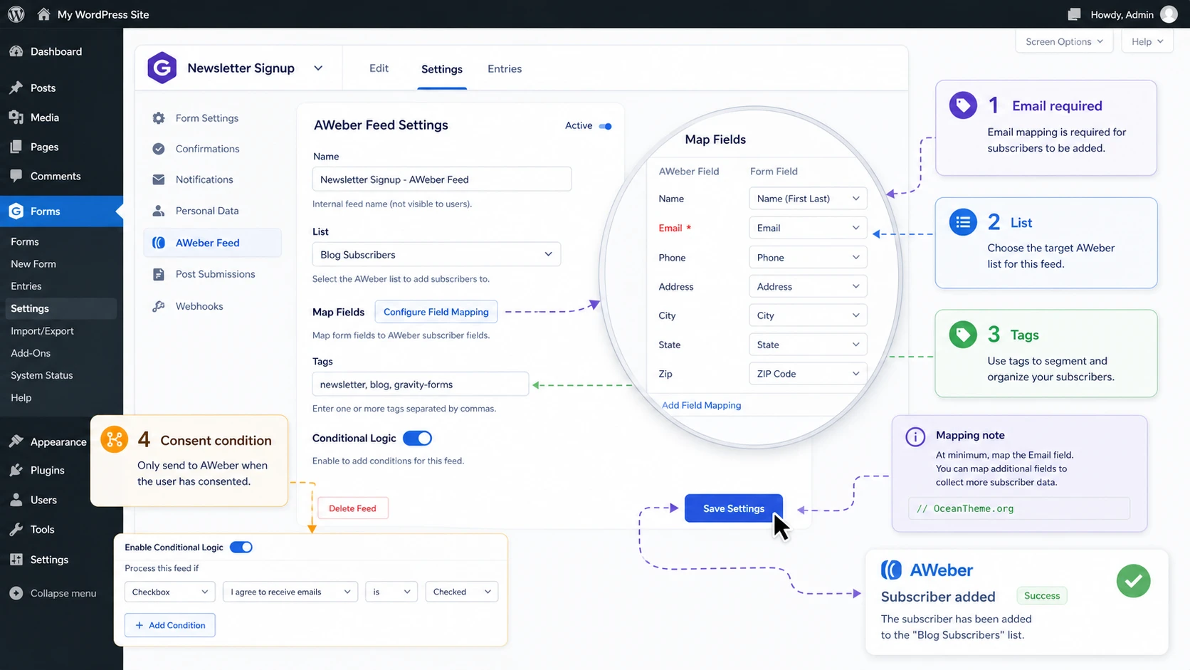 Gravity Forms AWeber feed map with field mapping, tags, and conditional logic