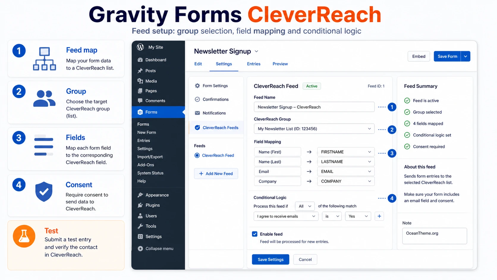 Gravity Forms CleverReach feed configuration map with group selection and field mapping