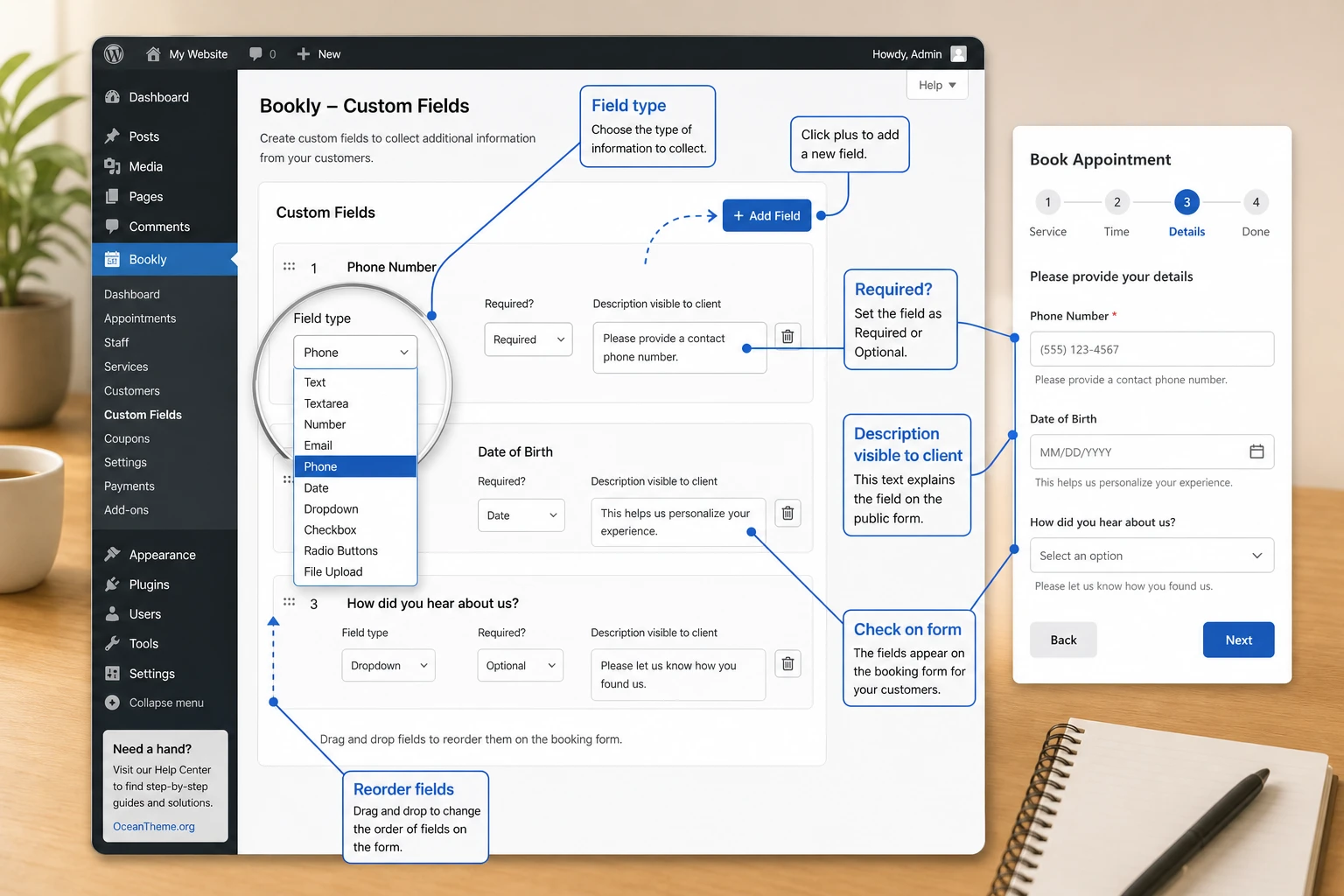 Bookly Custom Fields setup map with question types and result verification