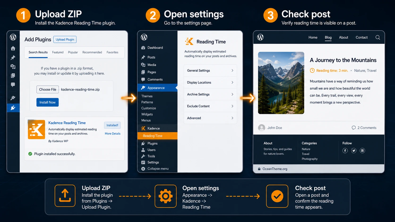 Diagram of the path to Kadence Reading Time settings in the WordPress admin panel