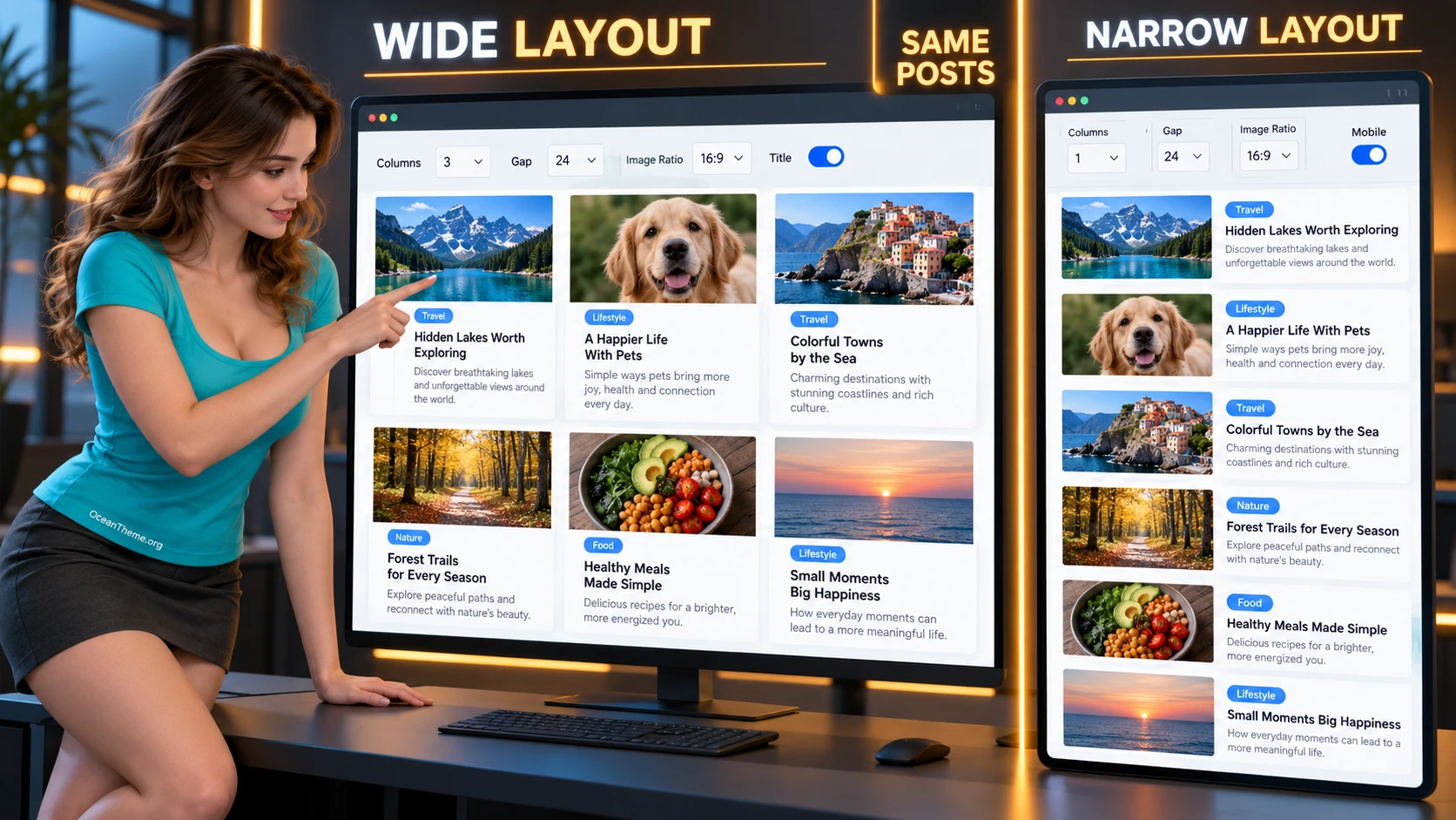 Example of a responsive Elementor post grid on desktop and mobile