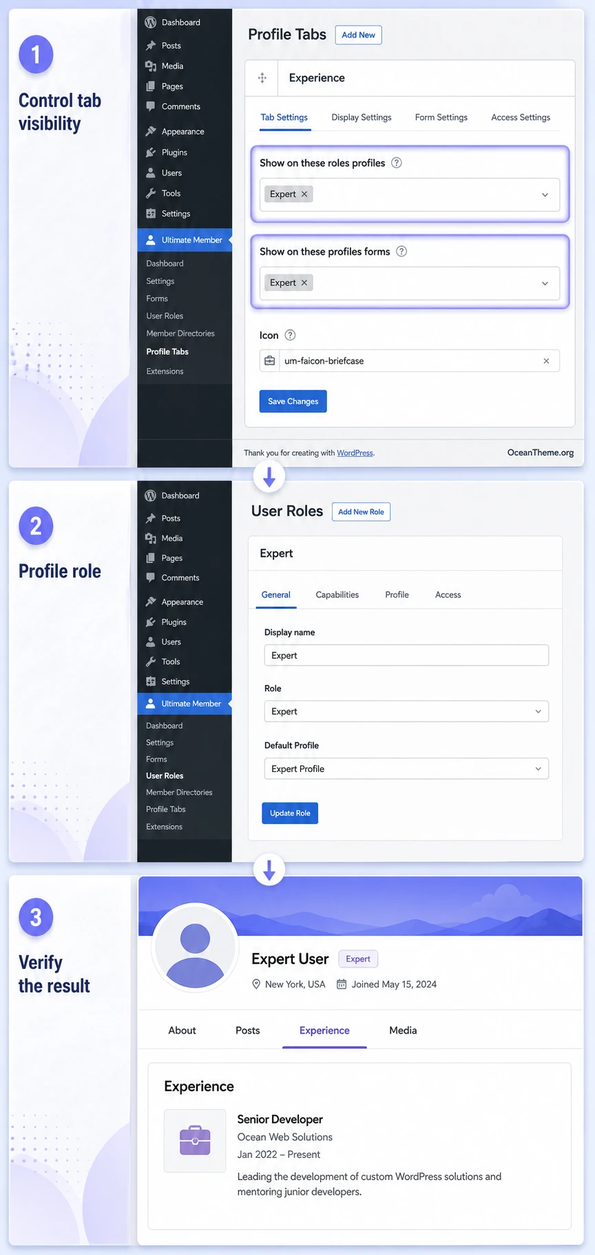 Ultimate Member tab visibility settings by roles and profile forms