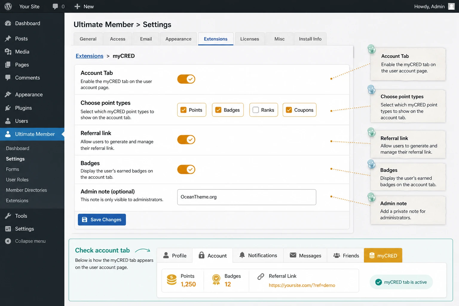 A map of the Ultimate Member myCRED settings after installation