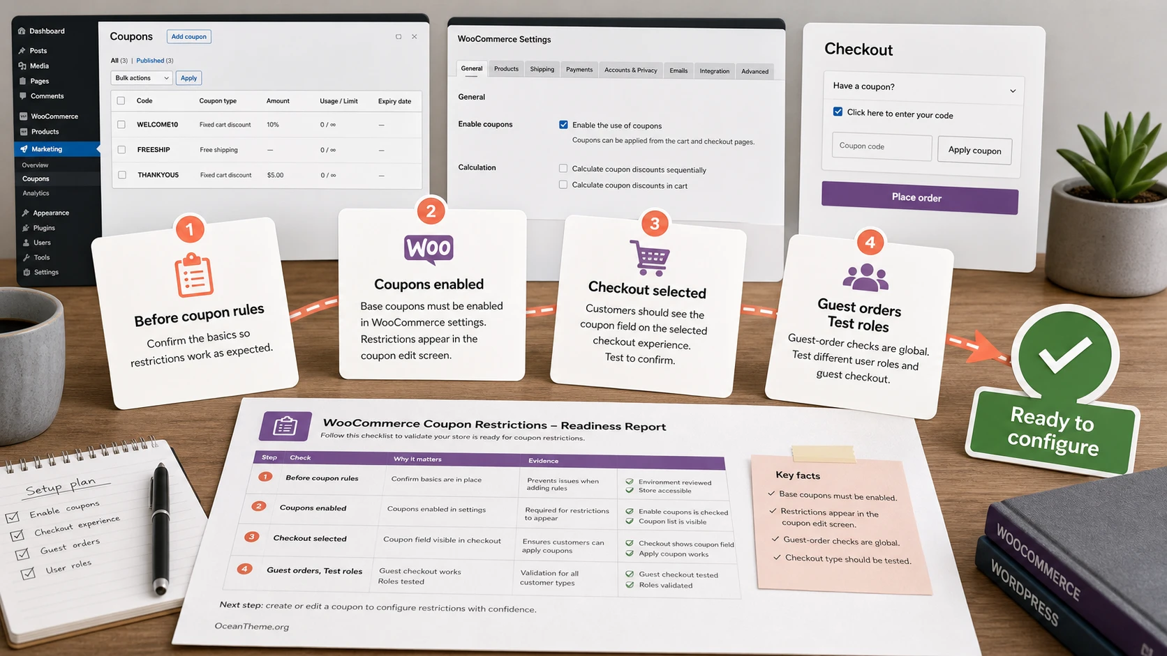 Pre-setup checklist map for a WooCommerce Coupon Restrictions coupon