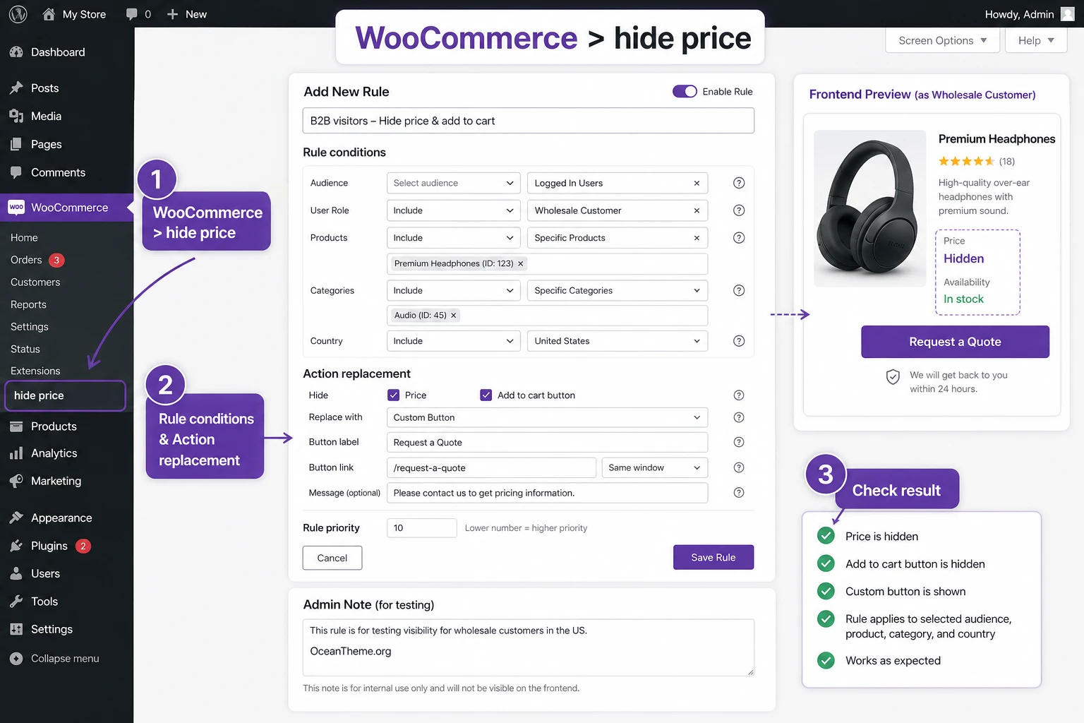 Step-by-step WooCommerce Hide Price & Add to Cart Button setup map after installation