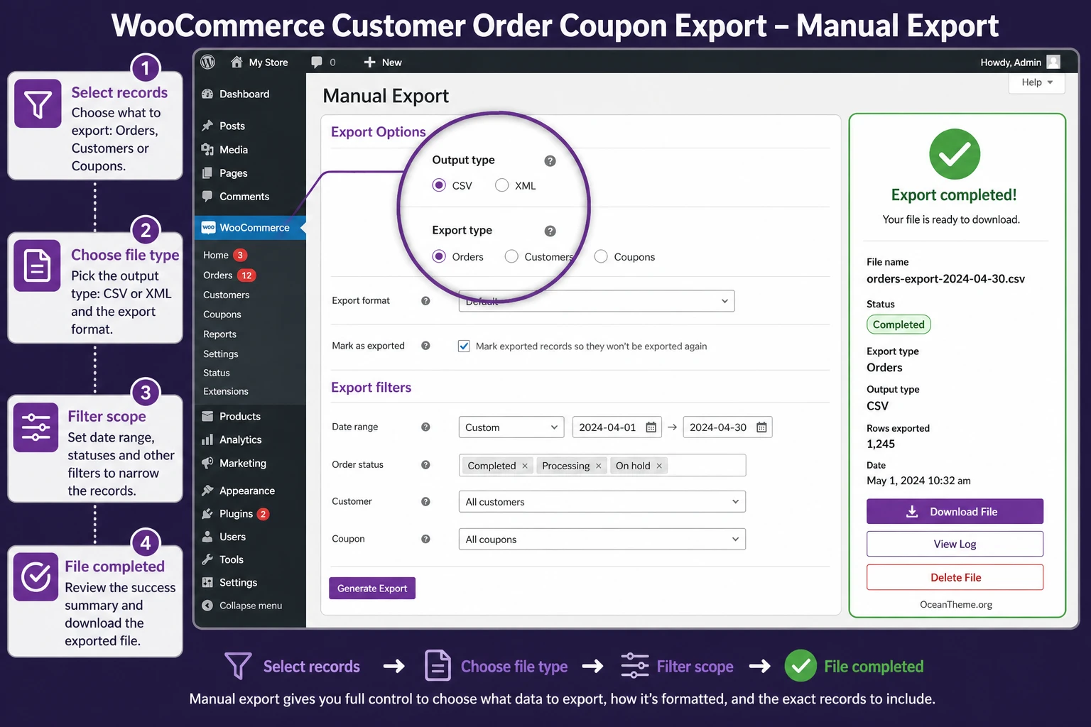 Manual WooCommerce Customer Order Coupon Export with file type selection and order filters