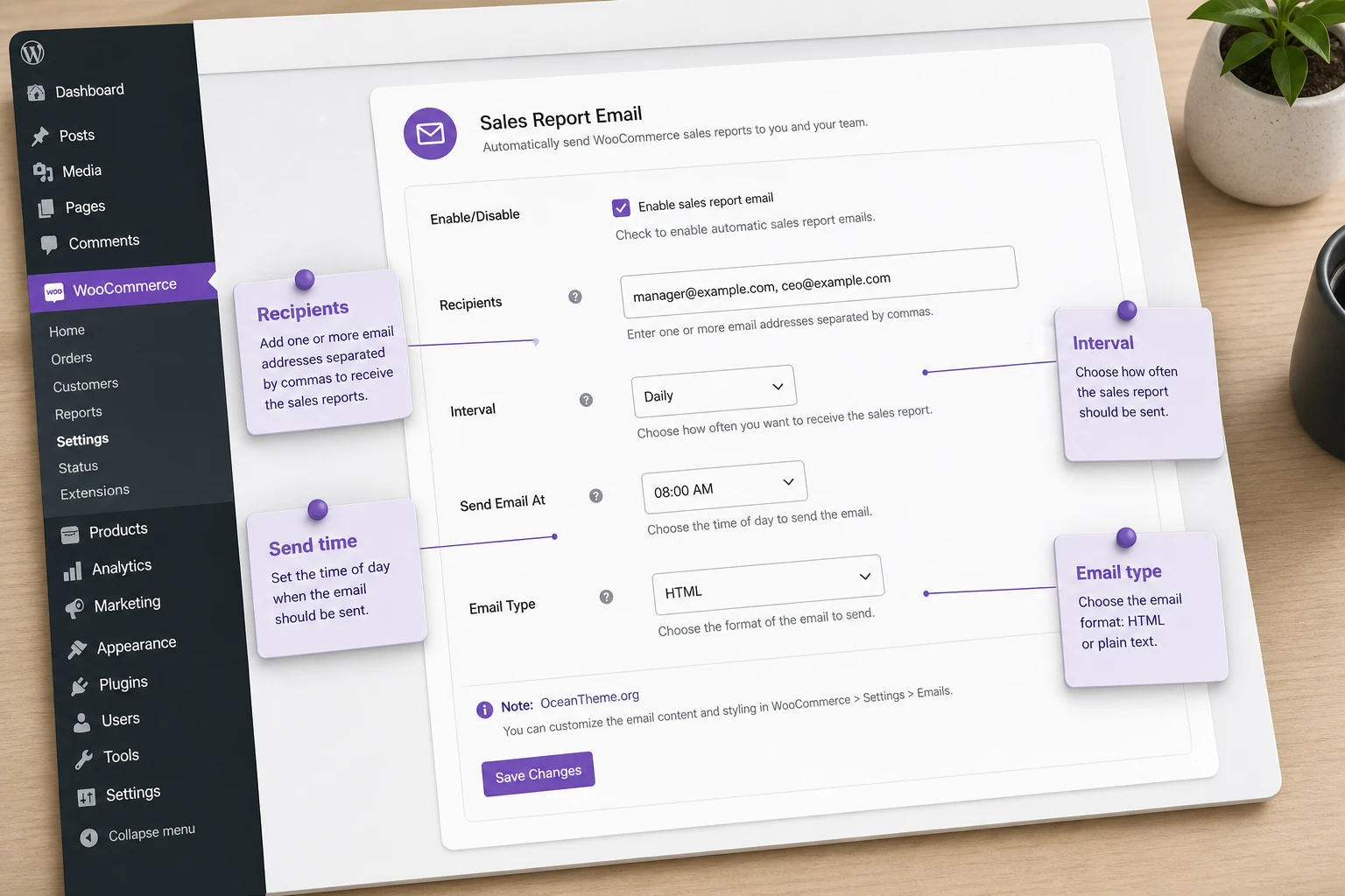 Map of WooCommerce Sales Report Email settings inside the WooCommerce email section