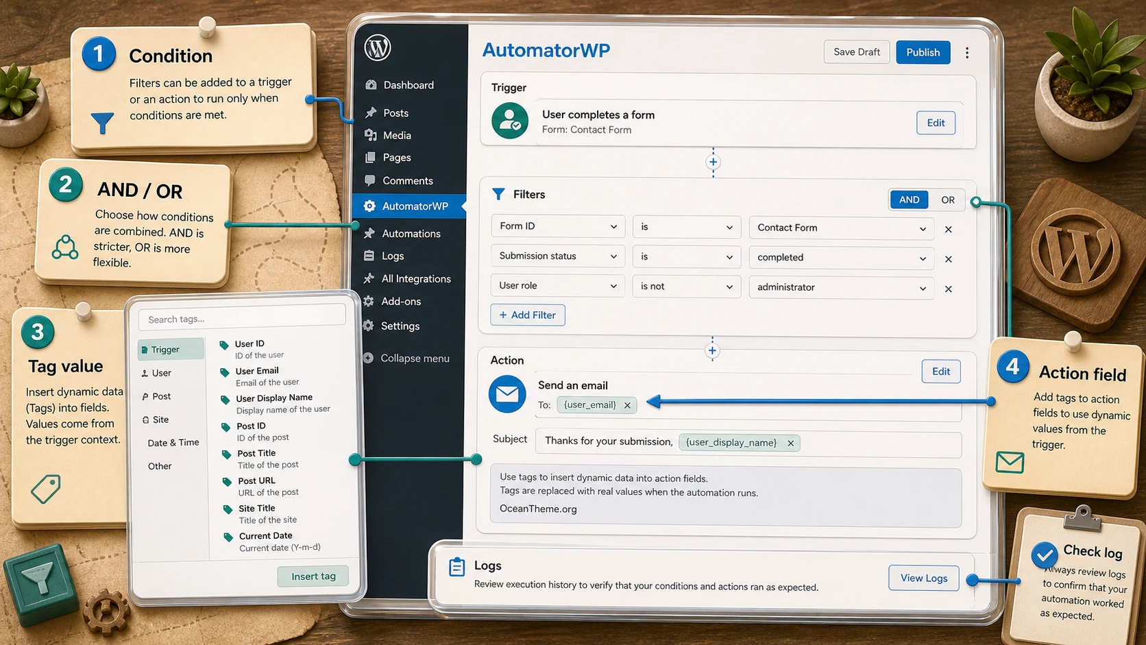 Configuring AutomatorWP filters and tags to pass data between a trigger and an action