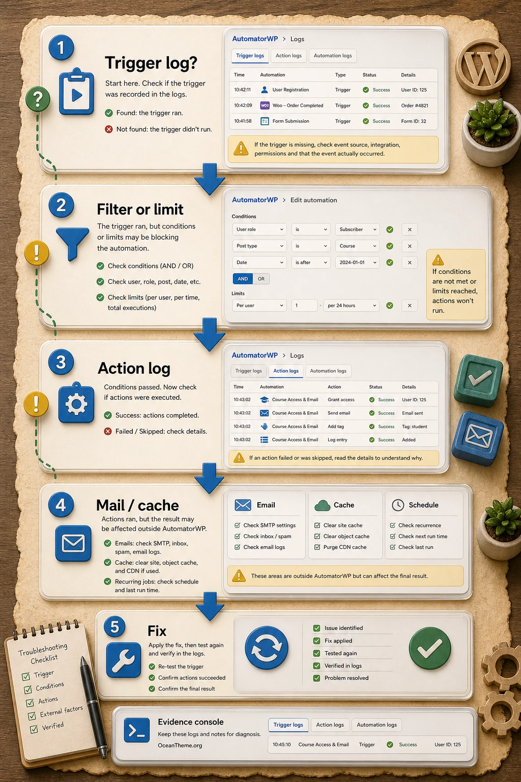 AutomatorWP troubleshooting map for checking the trigger, filter, action, and final result