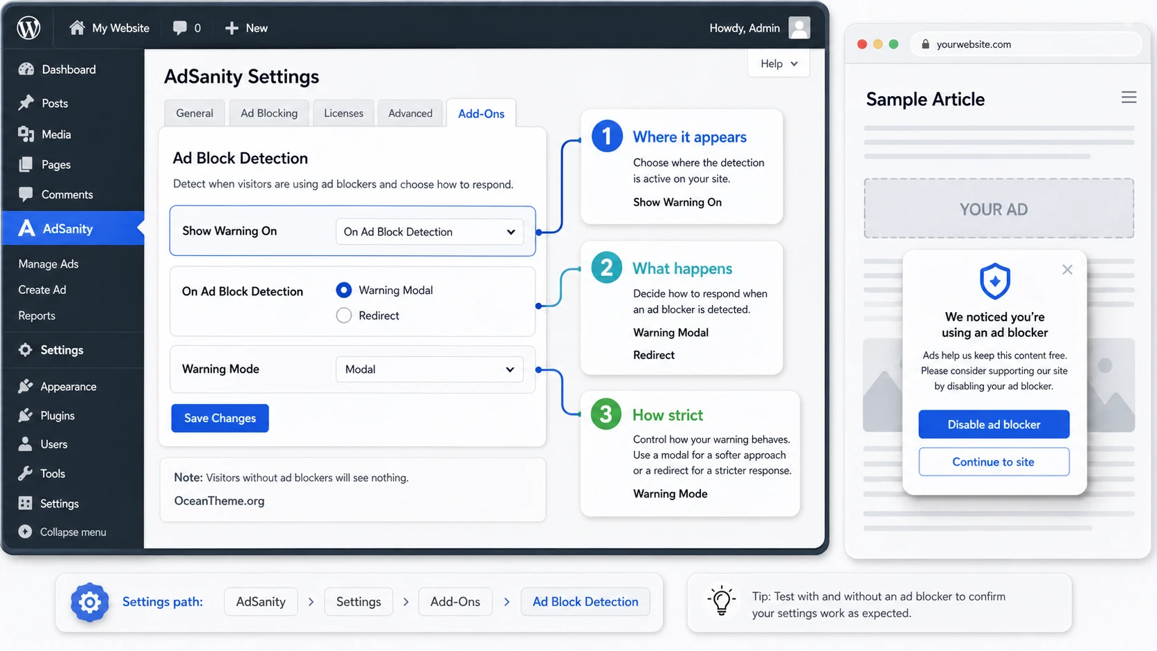 AdSanity Ad Block Detection settings diagram: Show Warning On, Modal, Redirect, and Warning Mode