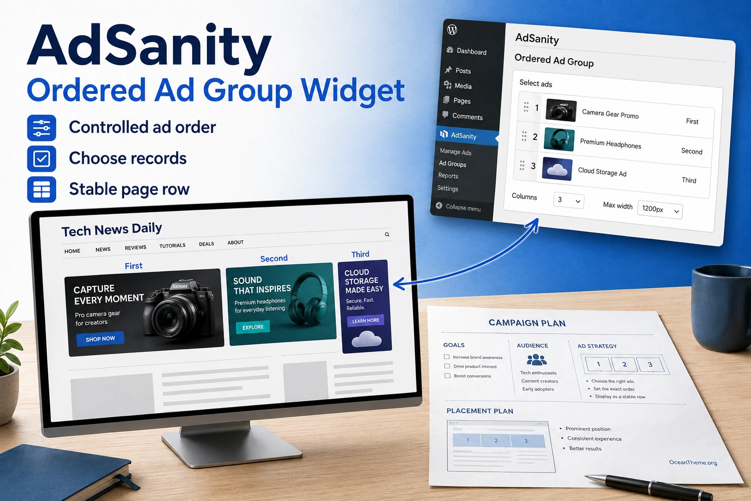 AdSanity Ordered Ad Group Widget guide cover showing a fixed order for advertisements