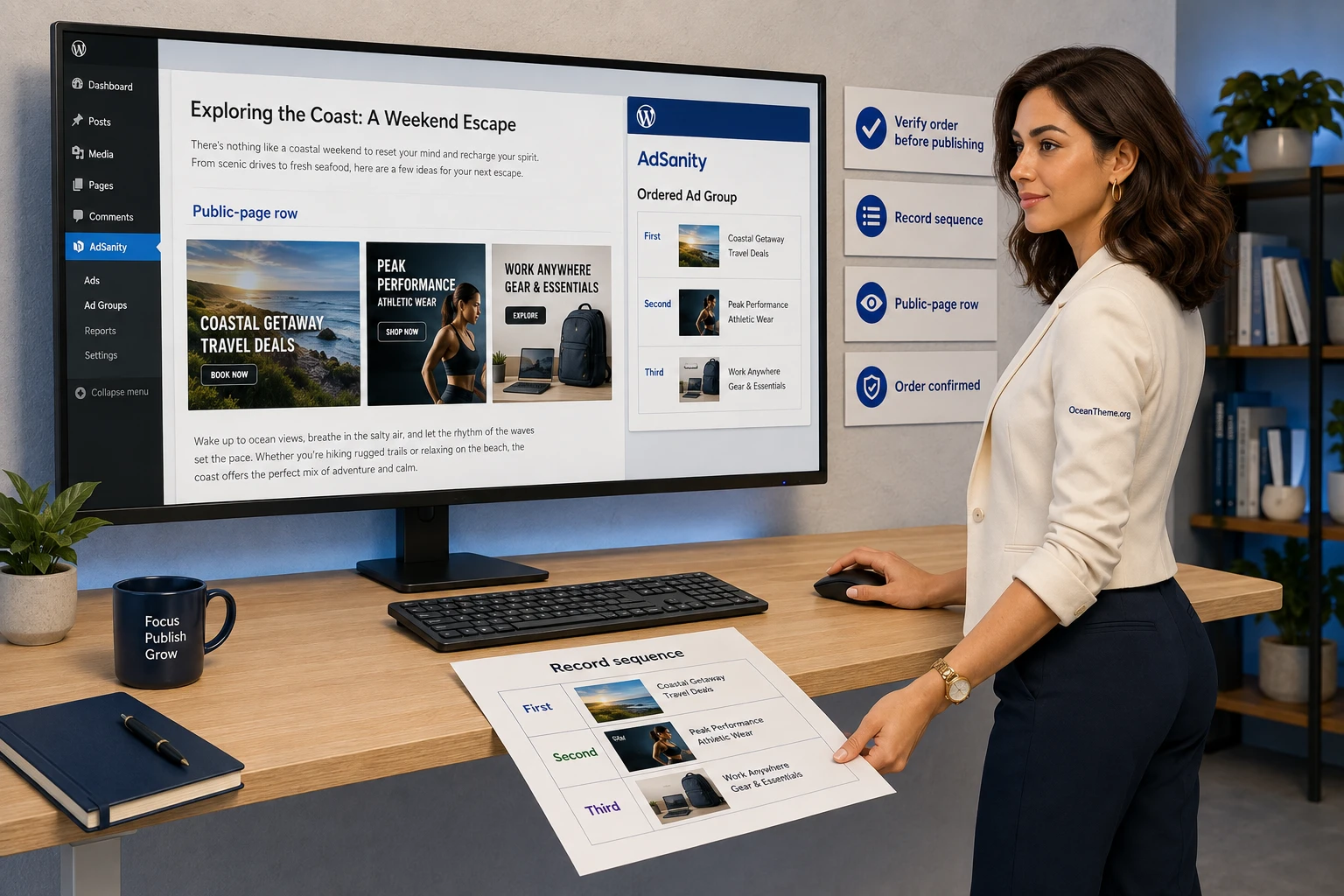 Practical scene showing an editor checking an ordered AdSanity ad row on a WordPress page