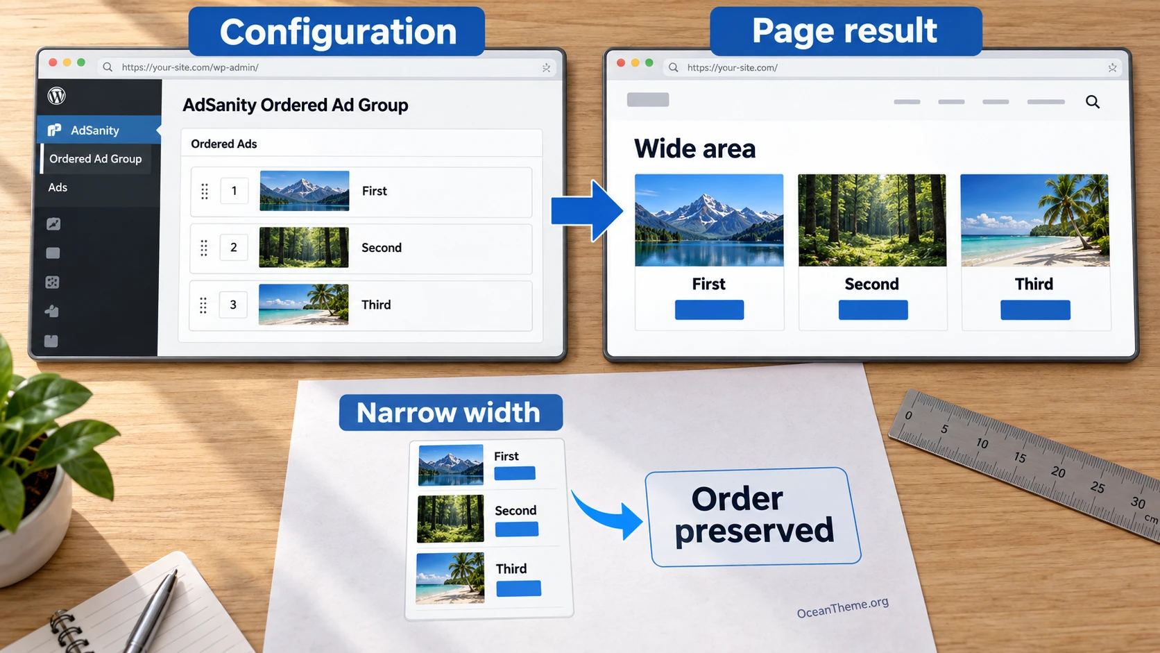 Comparison of a configured AdSanity ad list and an ordered ad row on a public page