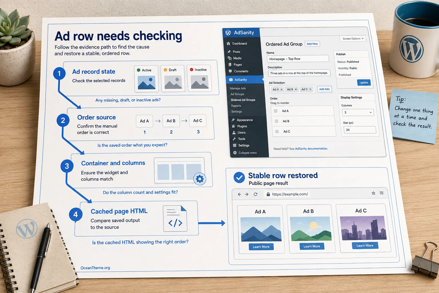 Troubleshooting diagram for AdSanity Ordered Ad Group Widget showing checks for the ad list, cache, and restored order