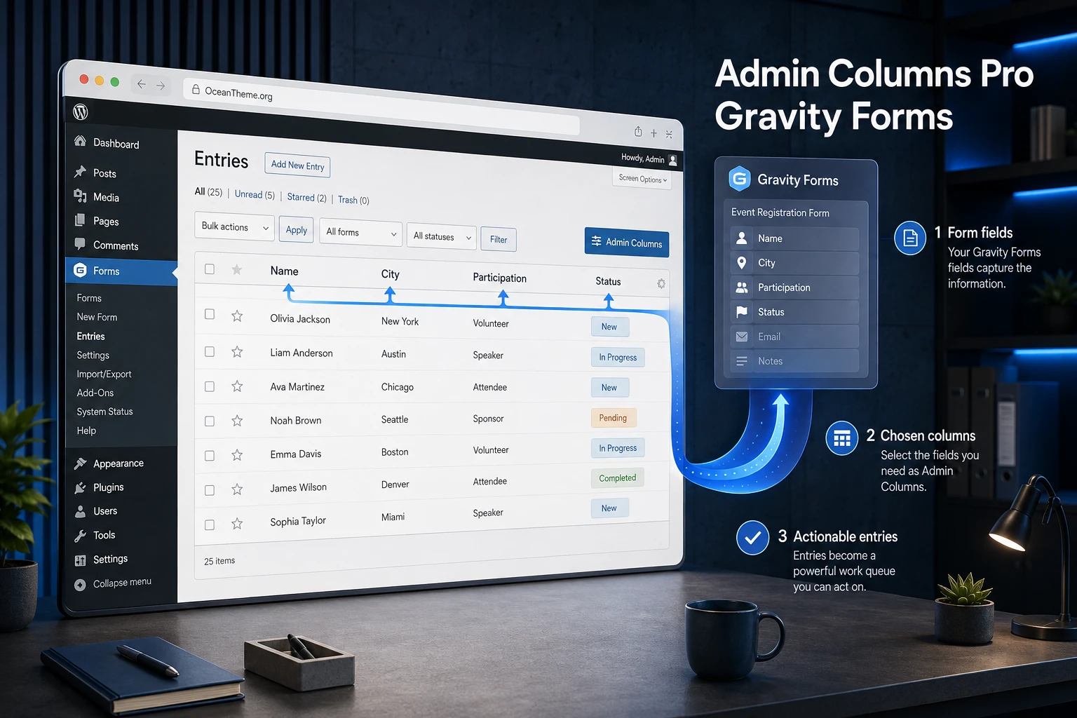 Admin Columns Pro Gravity Forms guide cover showing form entries transformed into a manageable working table