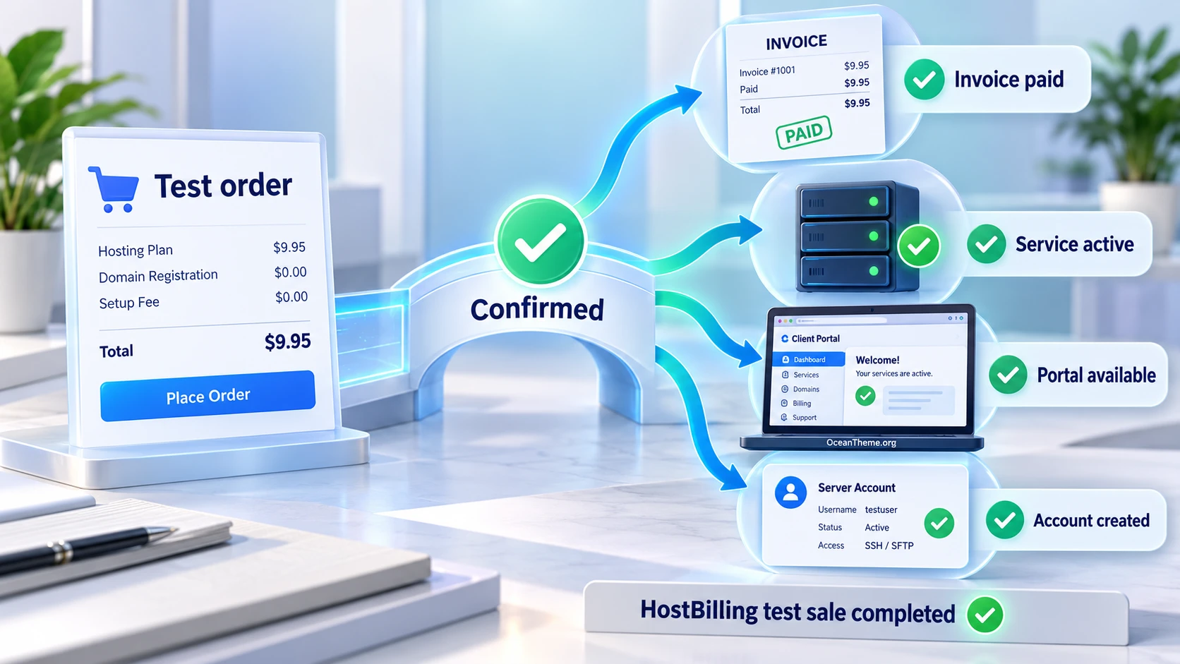 CodeCanyon HostBilling example: test order, invoice, service creation, and verification