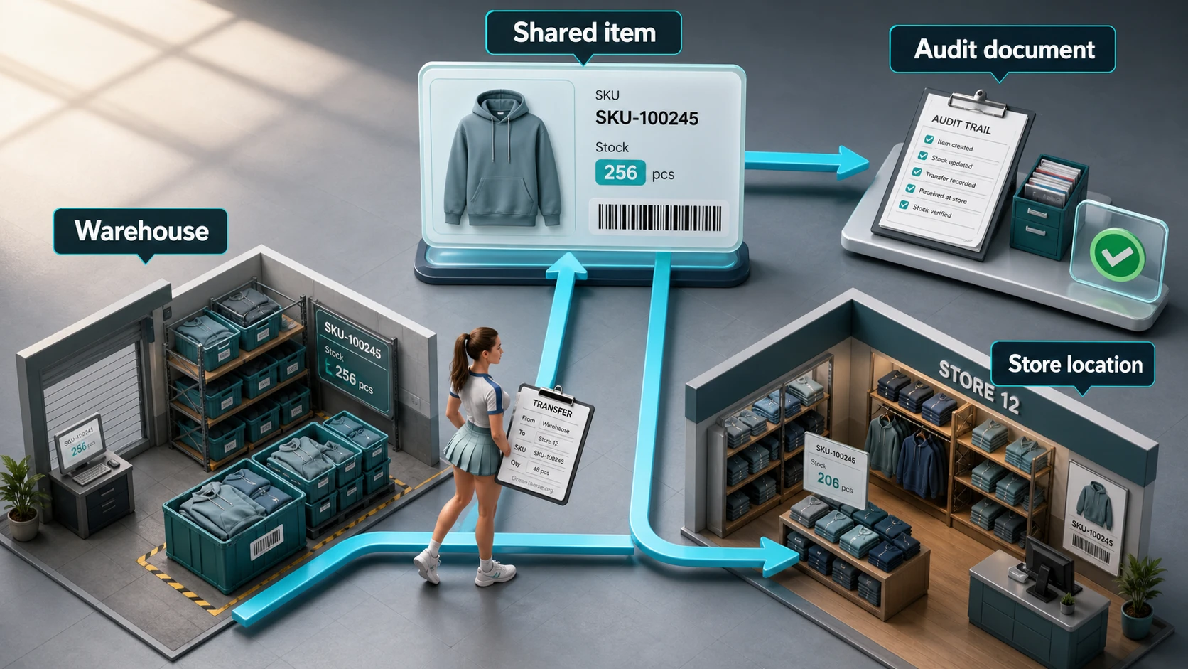 M-Store diagram with a unified catalog, central warehouse, retail location, and product movement