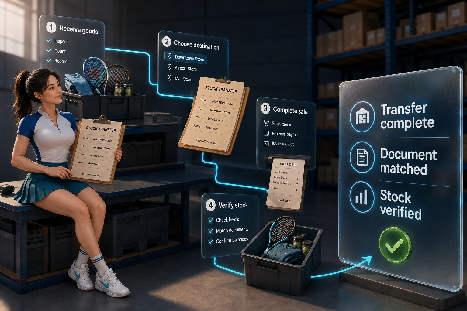 CodeCanyon M-Store practical flow from warehouse receipt to transfer, sale, and inventory verification