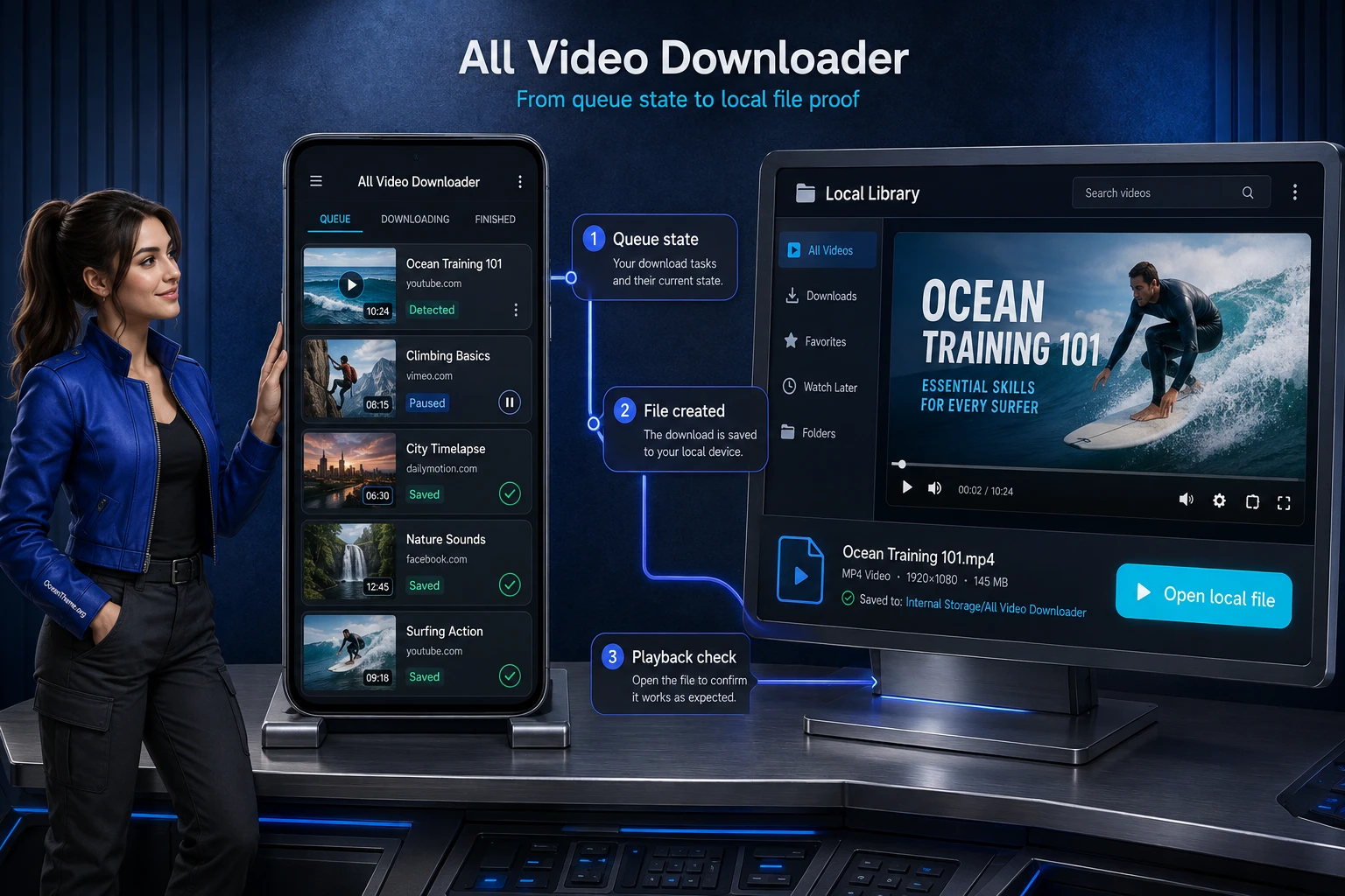 CodeCanyon All Video Downloader queue configuration with status, pause, and local-file checks