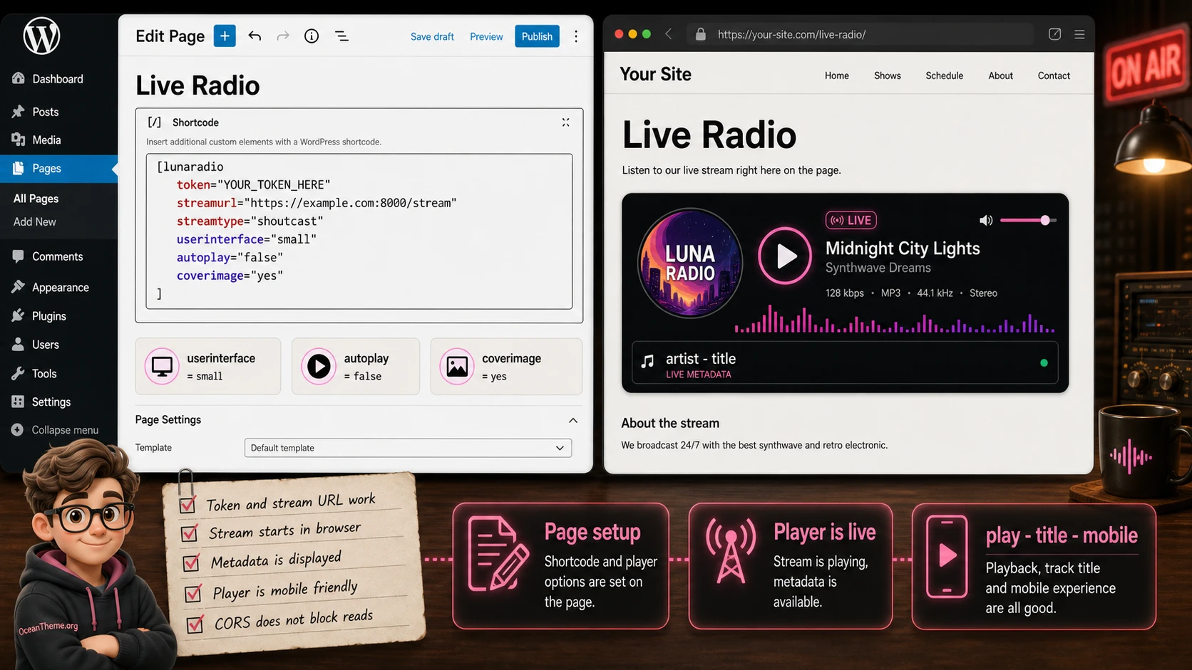 Example of Luna Web Radio Player on a WordPress page with a compact player