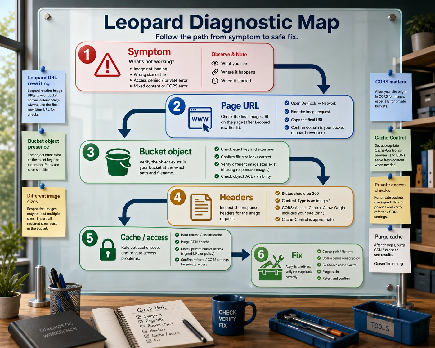 Result verification after Leopard setup: URL, headers, thumbnails, and cache