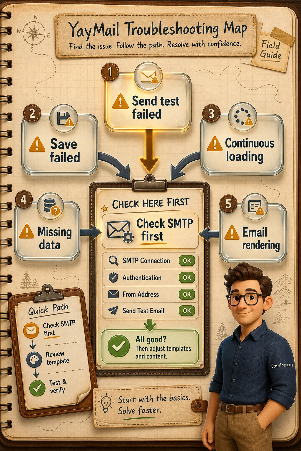 YayMail troubleshooting map for save errors and test sending
