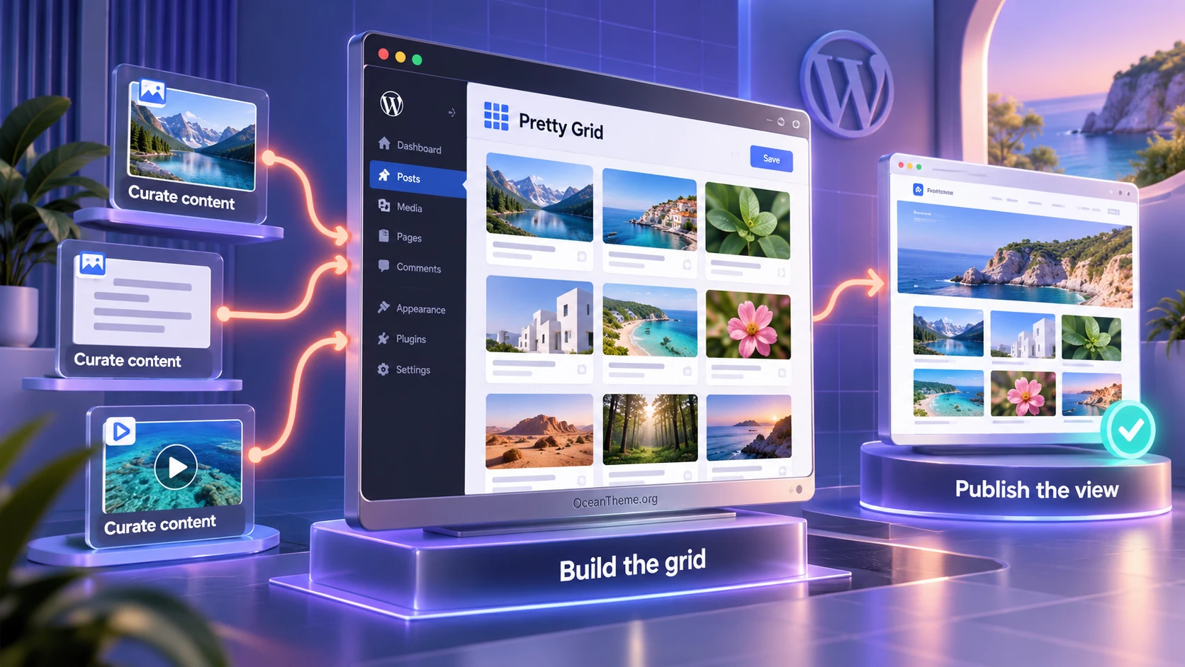 CodeCanyon Pretty Grid guide cover showing the path from content sources to a WordPress grid