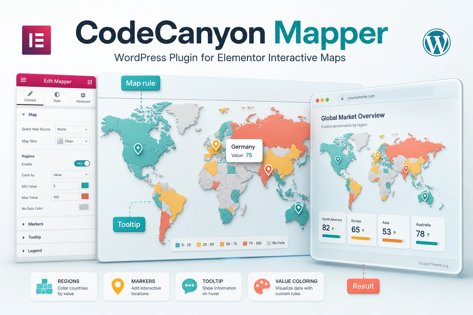 Cover image for the CodeCanyon Mapper guide with a map, rule, and result in Elementor