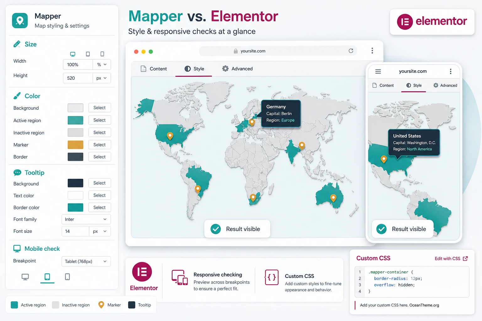 Configuring the size, colors, and responsiveness of an interactive map
