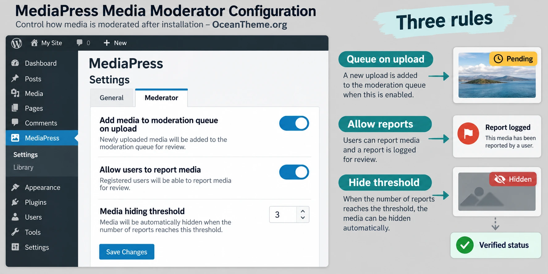 MediaPress Media Moderator setup in WordPress: upload queue, reports, and hiding threshold
