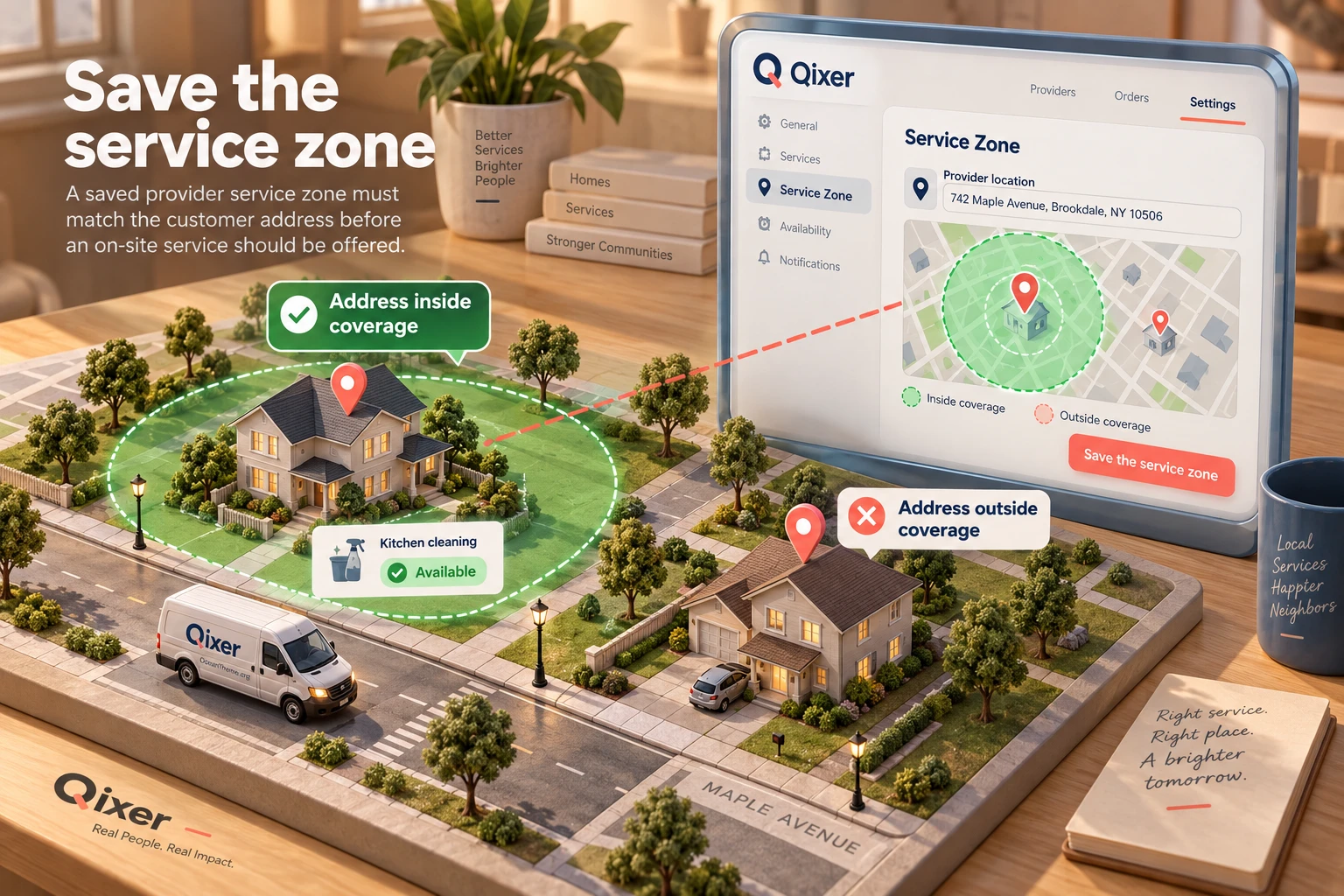 Diagram of service-area setup and service search in CodeCanyon Qixer
