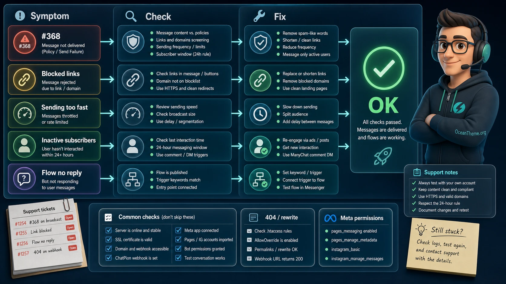 Diagnostic map of CodeCanyon ChatPion errors across server settings, Meta permissions, flow logic, and WordPress links