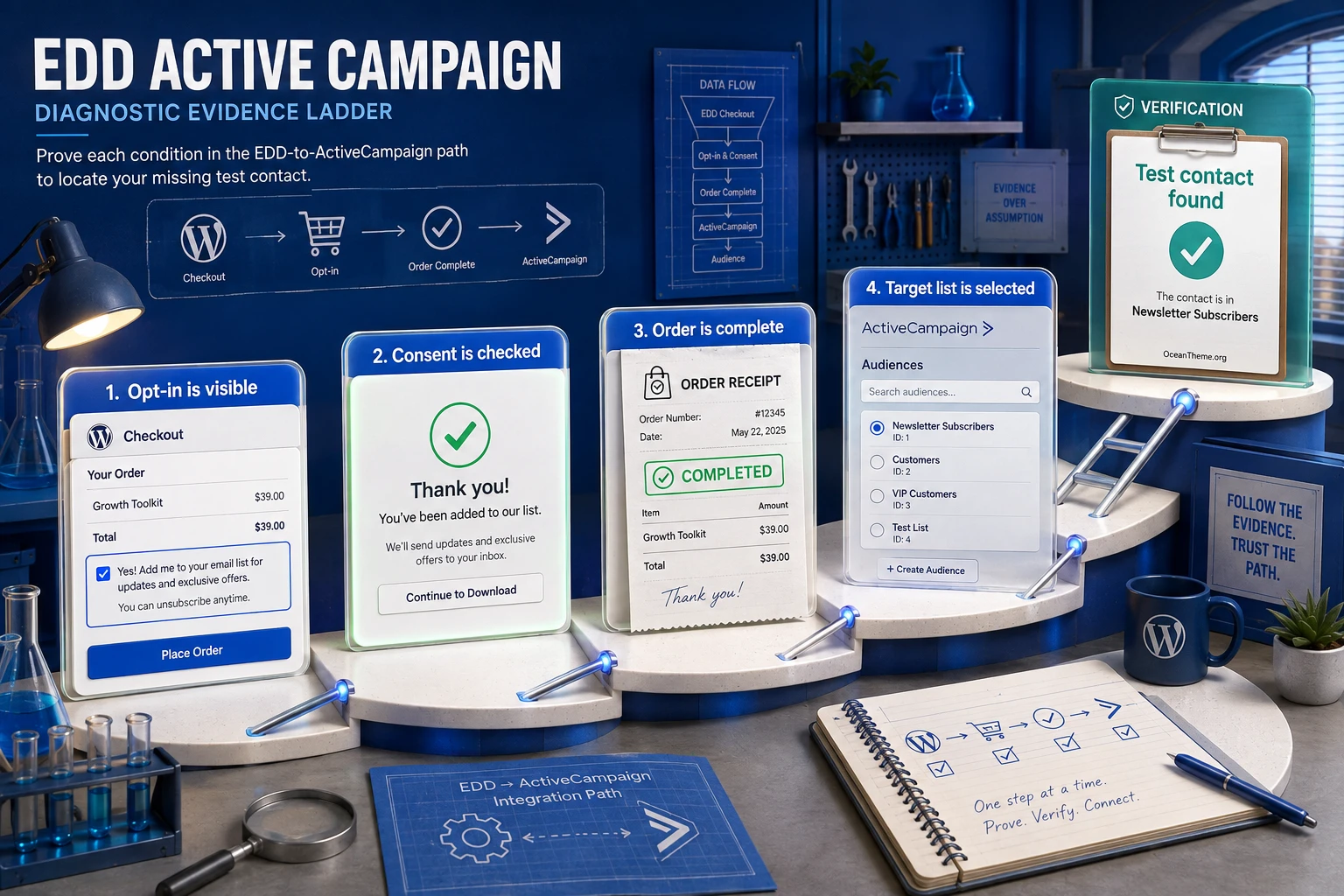 EDD Active Campaign troubleshooting map from consent checkbox to list and confirmed outcome