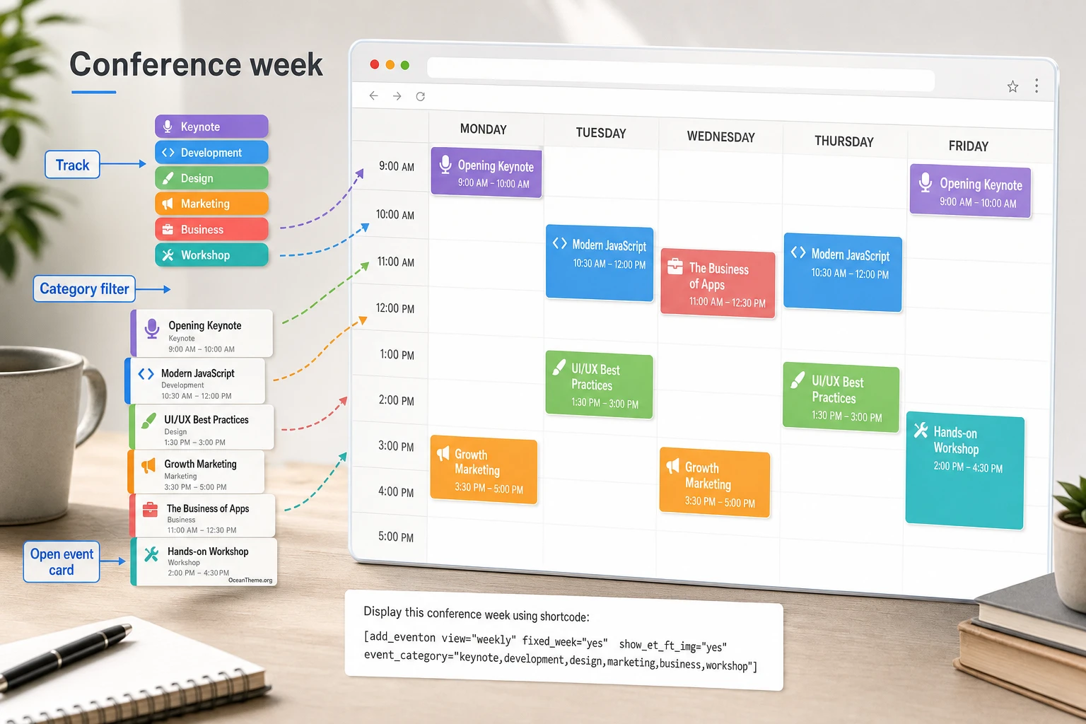 Example of a conference weekly program in EventON Weekly View