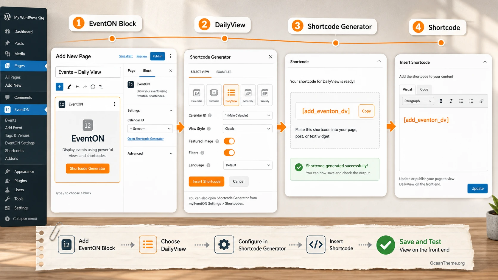 Setting up EventON Daily View through the Shortcode Generator in the WordPress admin panel