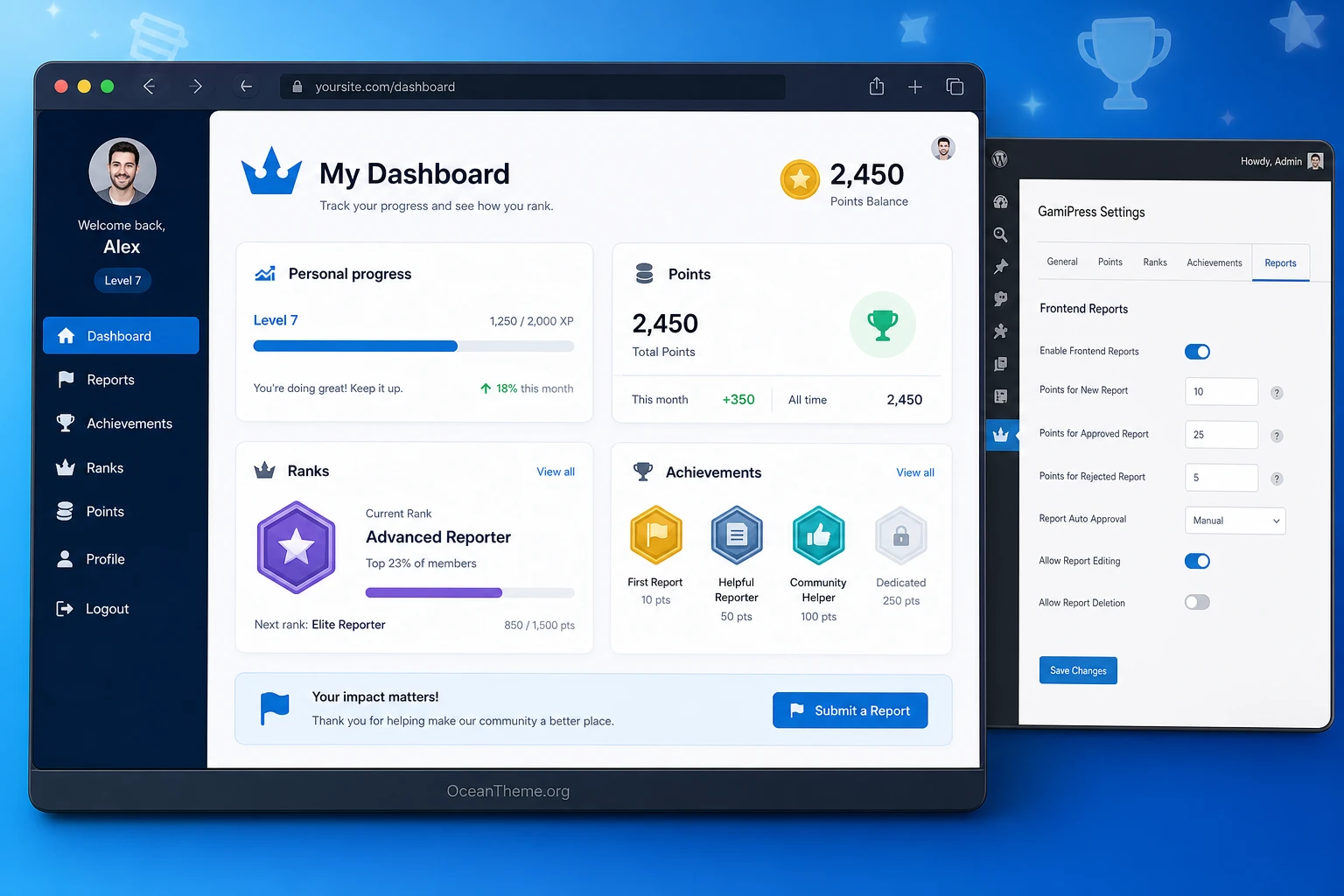 Cover image for the GamiPress Frontend Reports guide with a user reporting dashboard