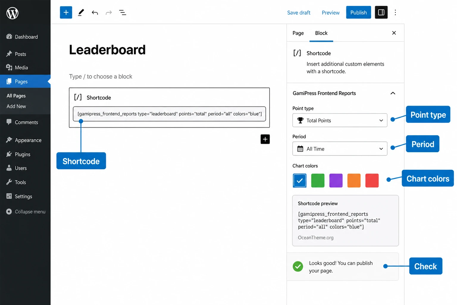 GamiPress Frontend Reports shortcode configuration map with type amount period and color parameters