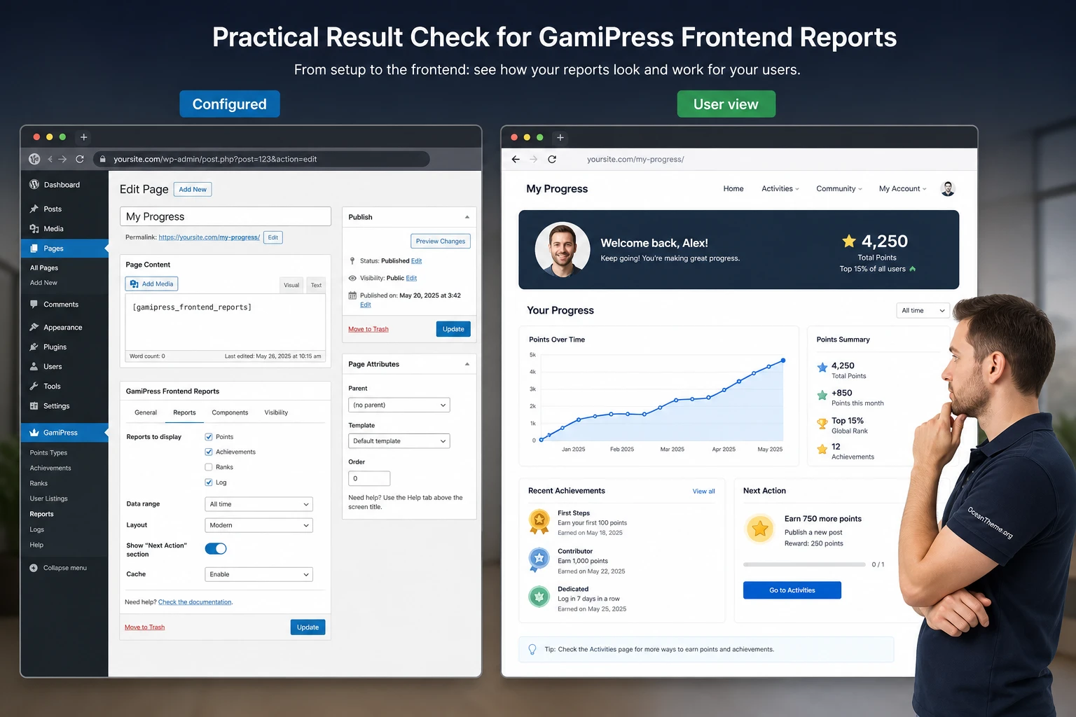 Example of a progress page with a GamiPress Frontend Reports report and result validation