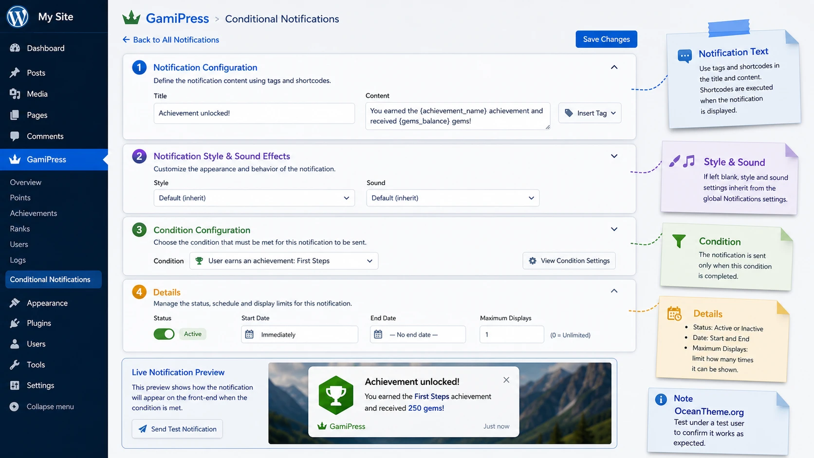GamiPress Conditional Notifications settings map in the WordPress admin panel