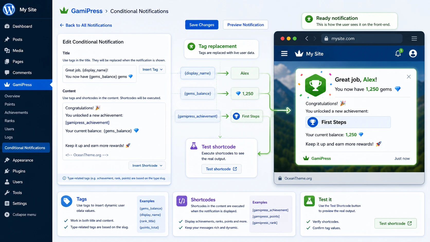 Personalizing GamiPress Conditional Notifications with tags and shortcodes