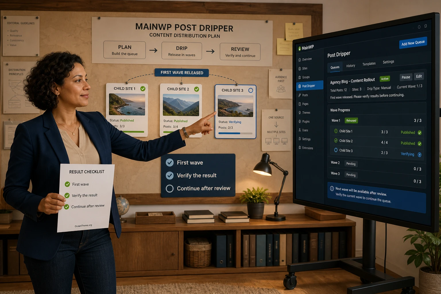 Practical MainWP Post Dripper example showing an editor reviewing the first wave of regional sites