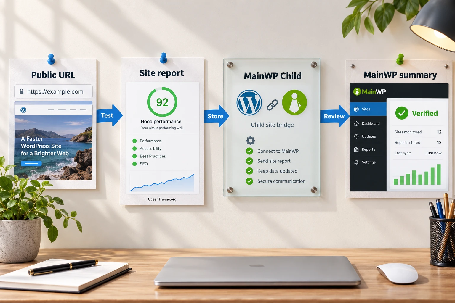MainWP Page Speed diagram with Dashboard, child WordPress site, and public URL checks